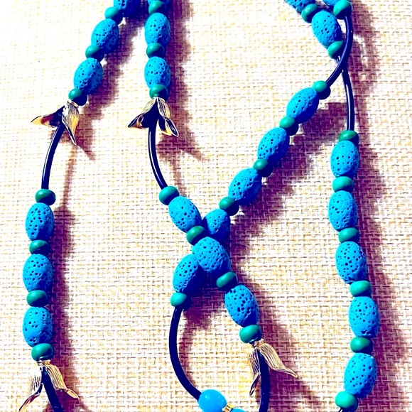 Gold Petals Green Turquoise Blue Lava Necklace - Picture 4 of 5